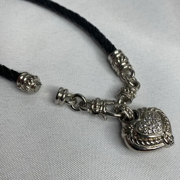 Judith Ripka Sterling Silver leather cord heart Diamonique necklace - Picture 6 of 6